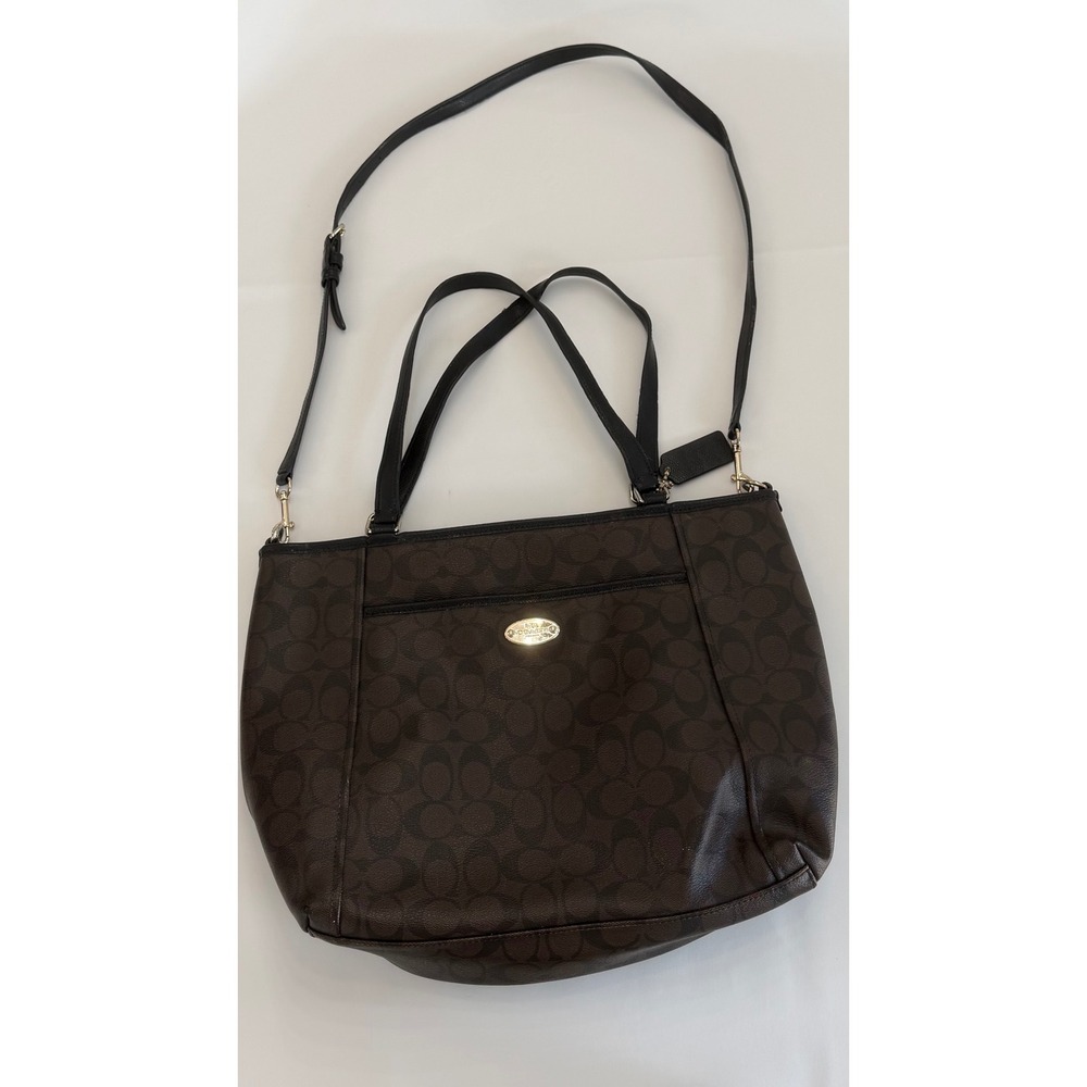 Coach Tote Womens Large Brown Signature Canvas Leather Shoulder Crossbody